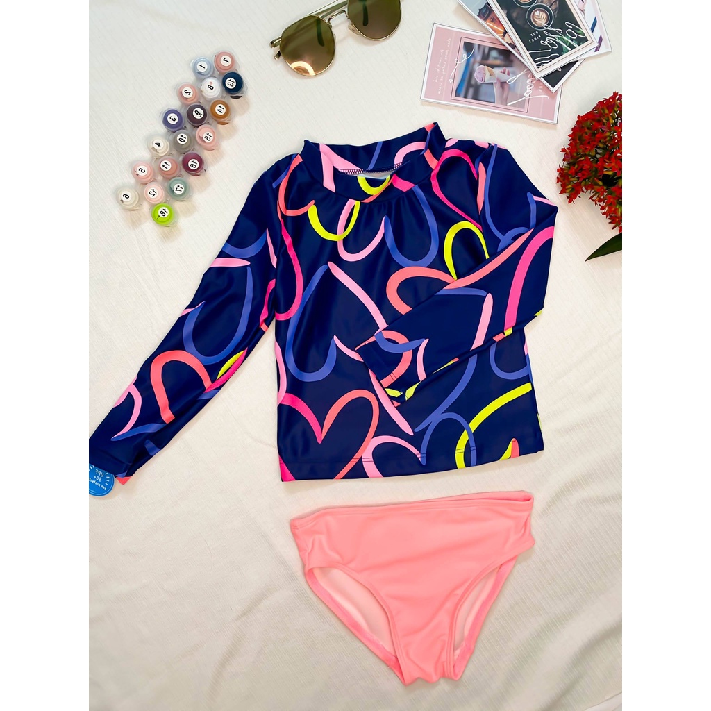 18M-12T Bikini đồ bơi đi biển CHỐNG NẮNG 2 mảnh xanh navy trái tim có lót cho bé gái dài tay cổ tròn quần tam giác