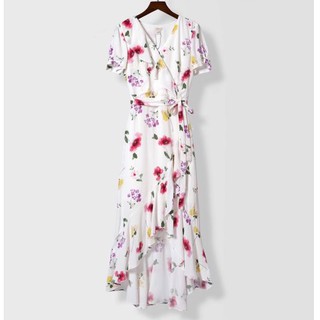 Đầm maxi hoa JCrew V-neck high-low ruffle dress