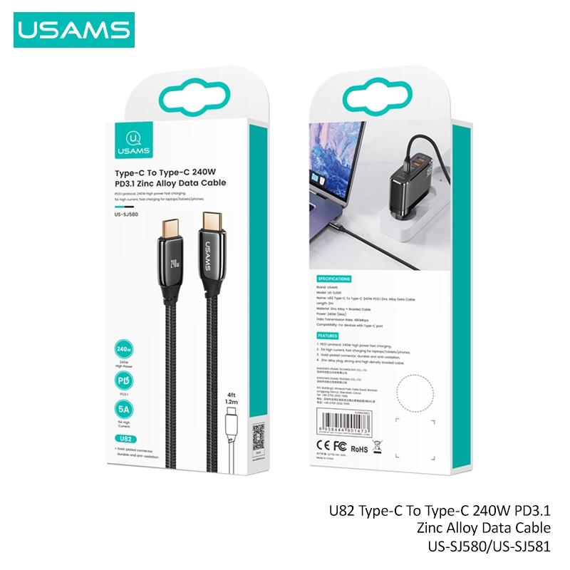 USAMS PD 5A 240W Đôi Type C Dây Cáp Sạc Nhanh Cho Điện Thoại / Máy Tính Bảng / Laptop