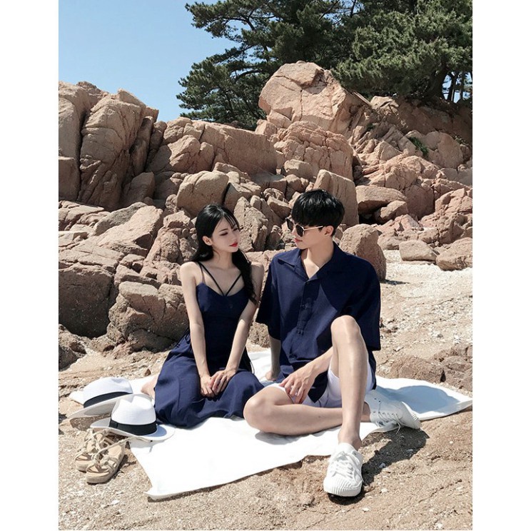 ₪✹✙Set Đôi Nam Nữ Đi Biển Áo sơ mi lá chất mát váy du lịch trễ vai