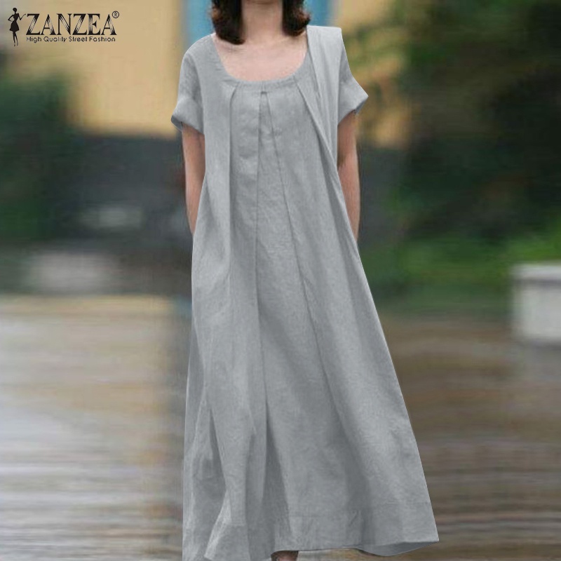 Đầm dài ZANZEA màu trơn cổ tròn xếp ly nhiều màu tùy chọn thời trang cho nữ