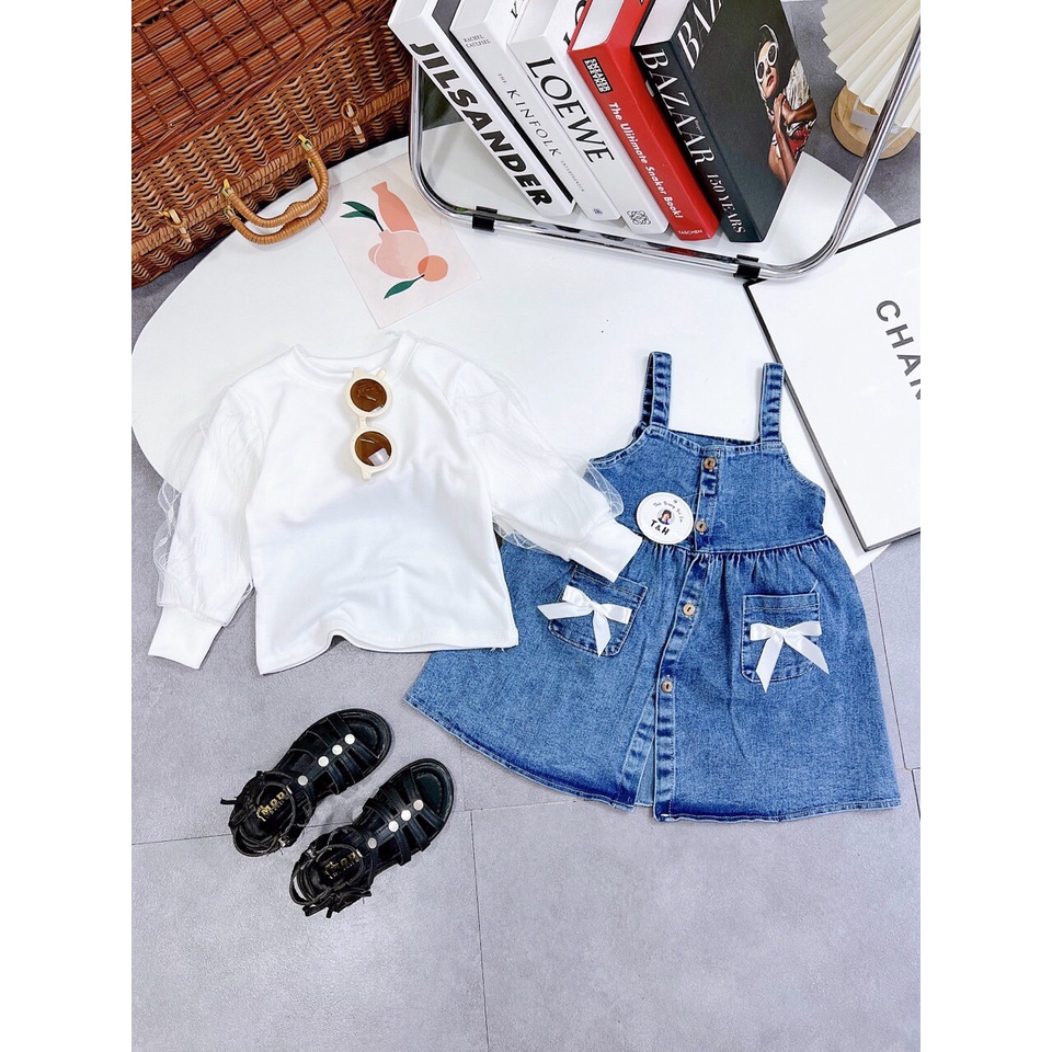 Sét yếm bò gắn 2 nơ kèm áo cotton cao cấp
