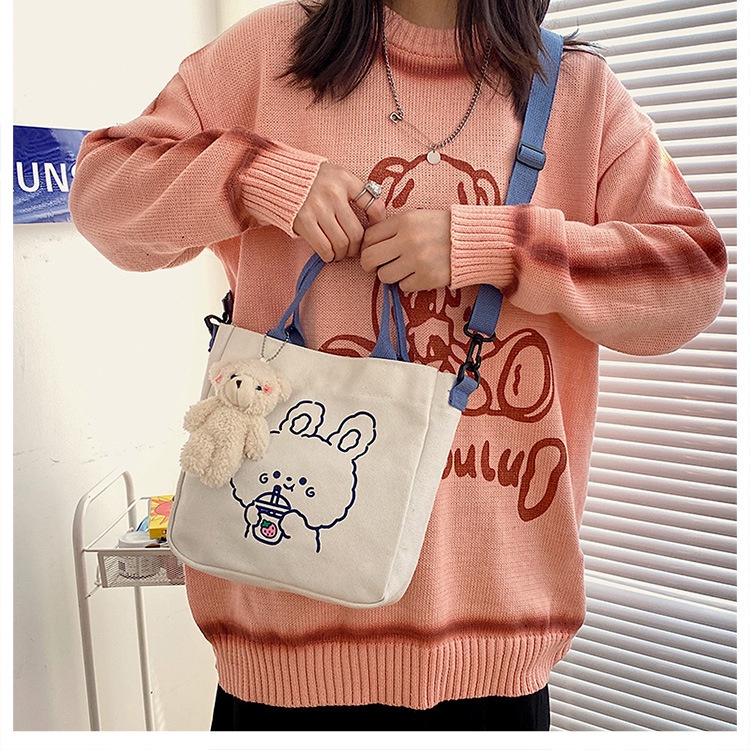 Túi vải tote họa tiết hoạt hình gấu uống trà sữa túi xách nữ canvas HOT HIT T31