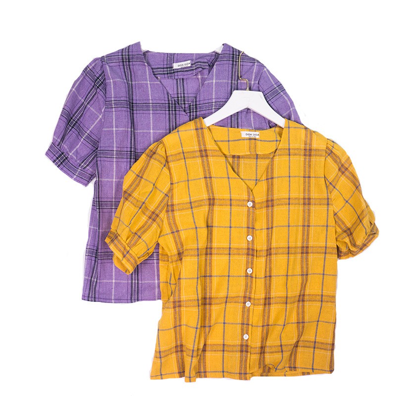 Áo sơ mi kẻ caro tay ngắn phong cách Hàn