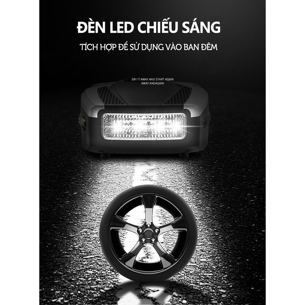 Máy bơm lốp xe Ô tô tăng áp 12V điện tử chế độ Tự Ngắt Rundong AC-980F kết hợp bộ dụng cụ sữa chữa xe đa năng.