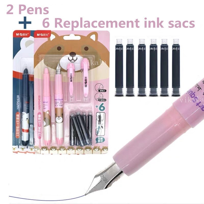 Vỉ 2 bút máy + 6 ống mực M&G HAFP0438 cỡ ngòi 0.38mm và 0.5mm / Bút mực 0438 luyện chữ đẹp cho học sinh tiểu học