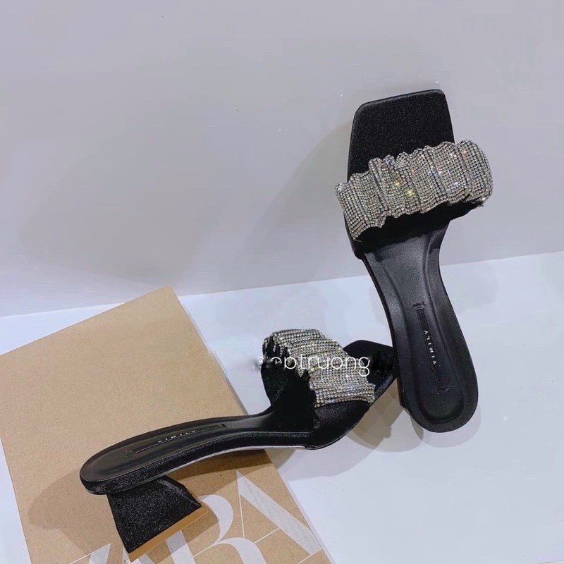 Guốc satin quai nhúng đính đá gót vuông 3p (hàng đẹp )