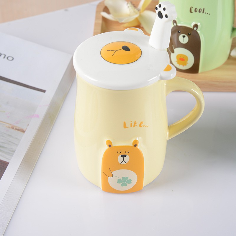 Ly cốc sứ hình gấu cực cute có nắp đậy và thìa dung tích 450ml