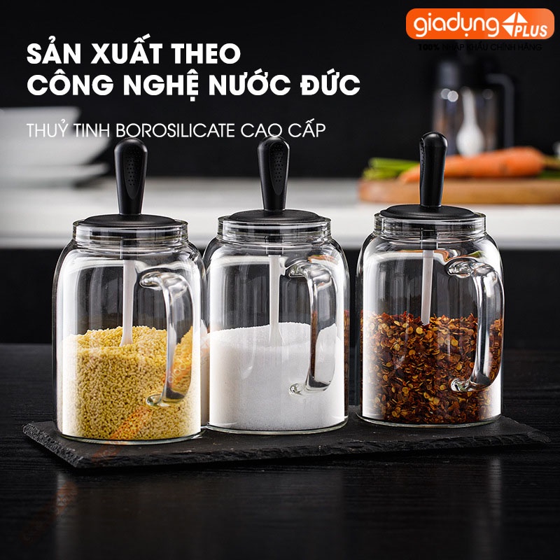 Hủ đựng gia vị muỗng liền nắp thông minh có nắp đậy kín thuỷ tinh borosilicate 380ml, có tay cầm chắc chắn PHALEDO