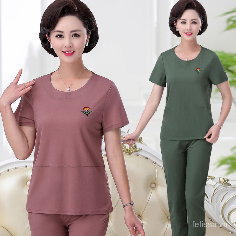 Bộ Đồ Áo Thun Cotton Tay Ngắn Màu Trơn Thời Trang Mùa Hè Cho Nữ Trung Niên