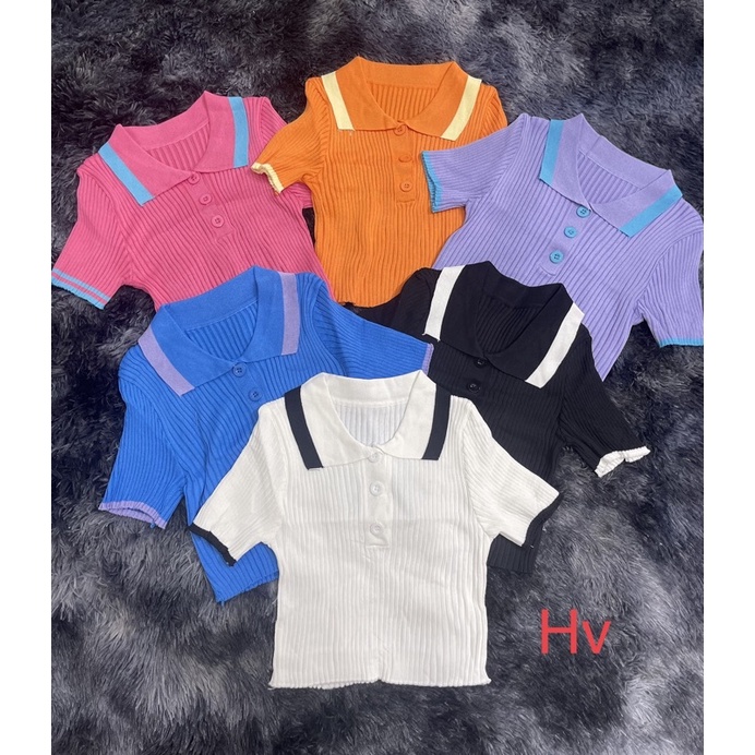 Áo len croptop cổ bẻ viền QC