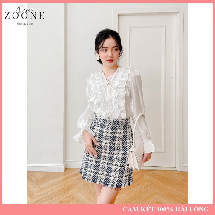 Set Áo Sơ Mi Trắng Bèo Nhún Nhẹ Nhàng Kết Hợp Chân Váy Dạ Text Kẻ Xanh Phong Cách Cho Các Nàng-Design Zoone A21702-CV217