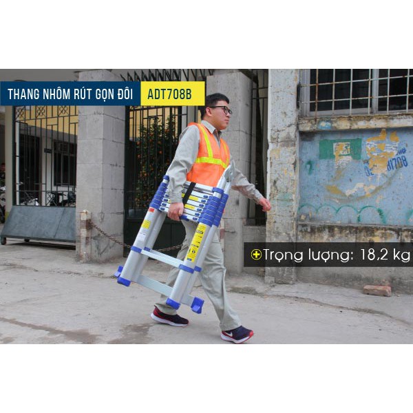 Thang nhôm rút gọn (chữ A) Advindeq ADT708B (màu xanh) cao chữ I 5m, chữ A 2,37m, bảo hành 2 năm