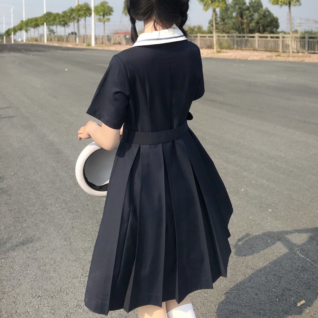 Váy xòe xếp ly cổ búp bê thắt nơ học sinh Nhật Bản