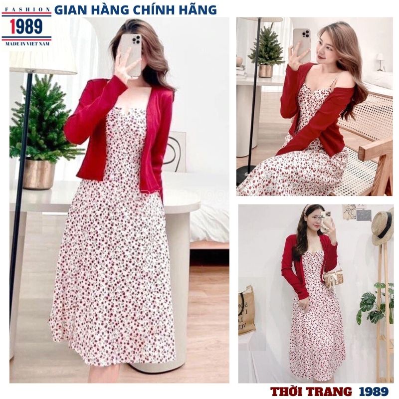 Sét váy hai dây hoa nhí kèm áo choàng đỏ bên ngoài kiểu dáng hàn quốc ulzzang ,đầm maxi tiểu thư bánh bèo dễ thương