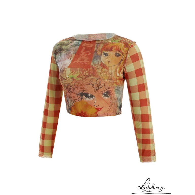 Áo croptop tay dài cổ tròn dáng ôm in họa tiết hoạt hình thời trang cho nữ