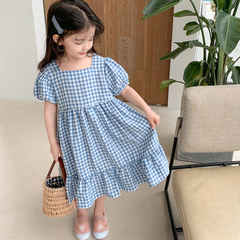 Đầm Ngắn Tay Kẻ Ca Rô Kiểu Hàn Quốc Cho Bé