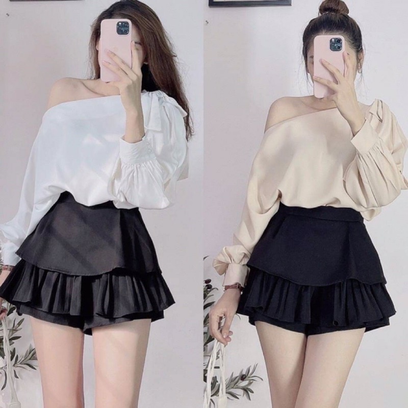 [Ảnh thật/Video]Sơ mi lụa Sazie trễ vai sang chảnh thiết kế tay nơ mặc được hai kiểu