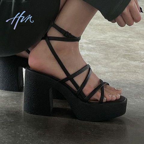 Giày sandal nữ cao gót đế dày quai chéo hở ngón chống nước thời trang mùa hè phong cách Hàn Quốc 2022