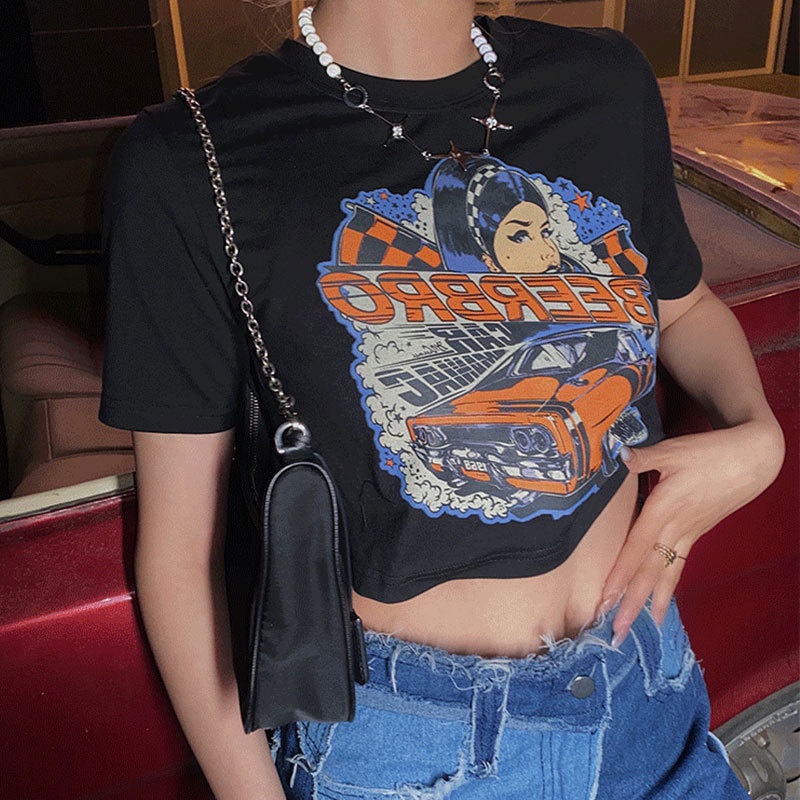 Áo Croptop Tay Ngắn Cổ Tròn Phong Cách Vintage