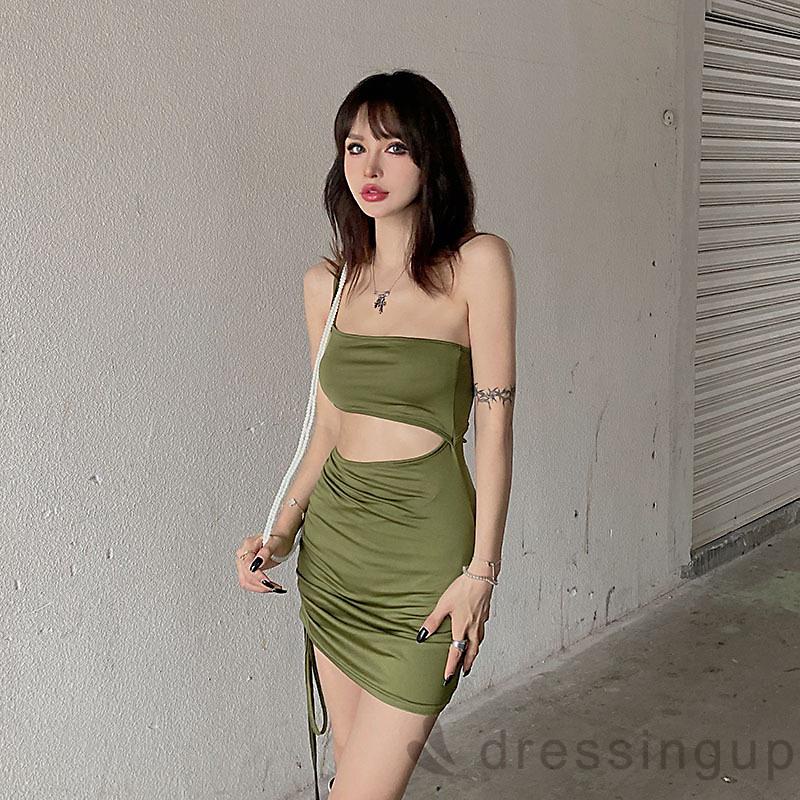 Váy Liền Một Mảnh Xéo Vai Màu Trơn Thiết Kế Vải Nhún Thời Trang Cho Nữ