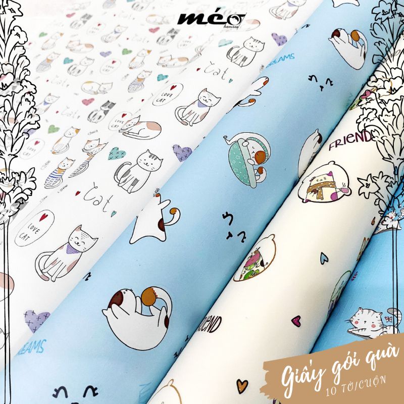 Cuộn 10 tờ GIẤY GÓI QUÀ (50x70cm ) hình MÈO đáng yêu