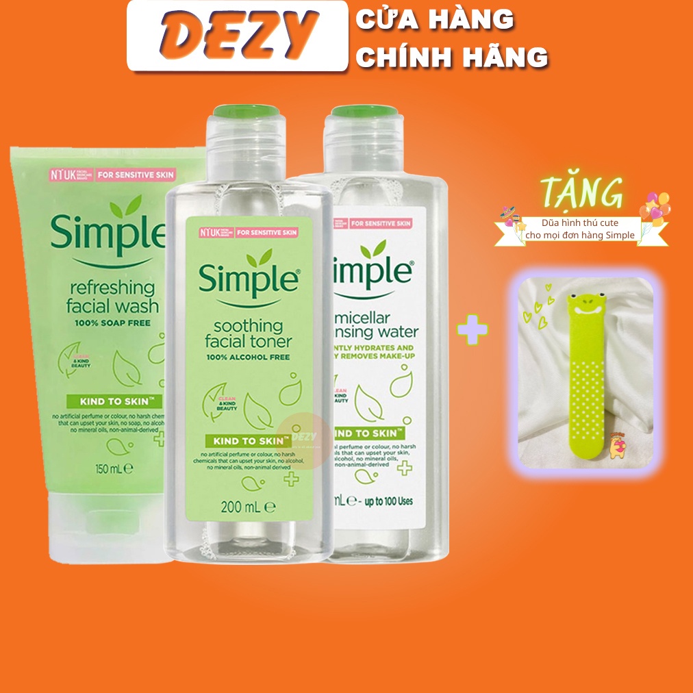 Skincare Simple CHÍNH HÃNG Combo Sữa Rửa Mặt Srm Toner Nước Hoa Hồng Toners Nước Tẩy Trang Micellar Water Dưỡng Ẩm Dezy