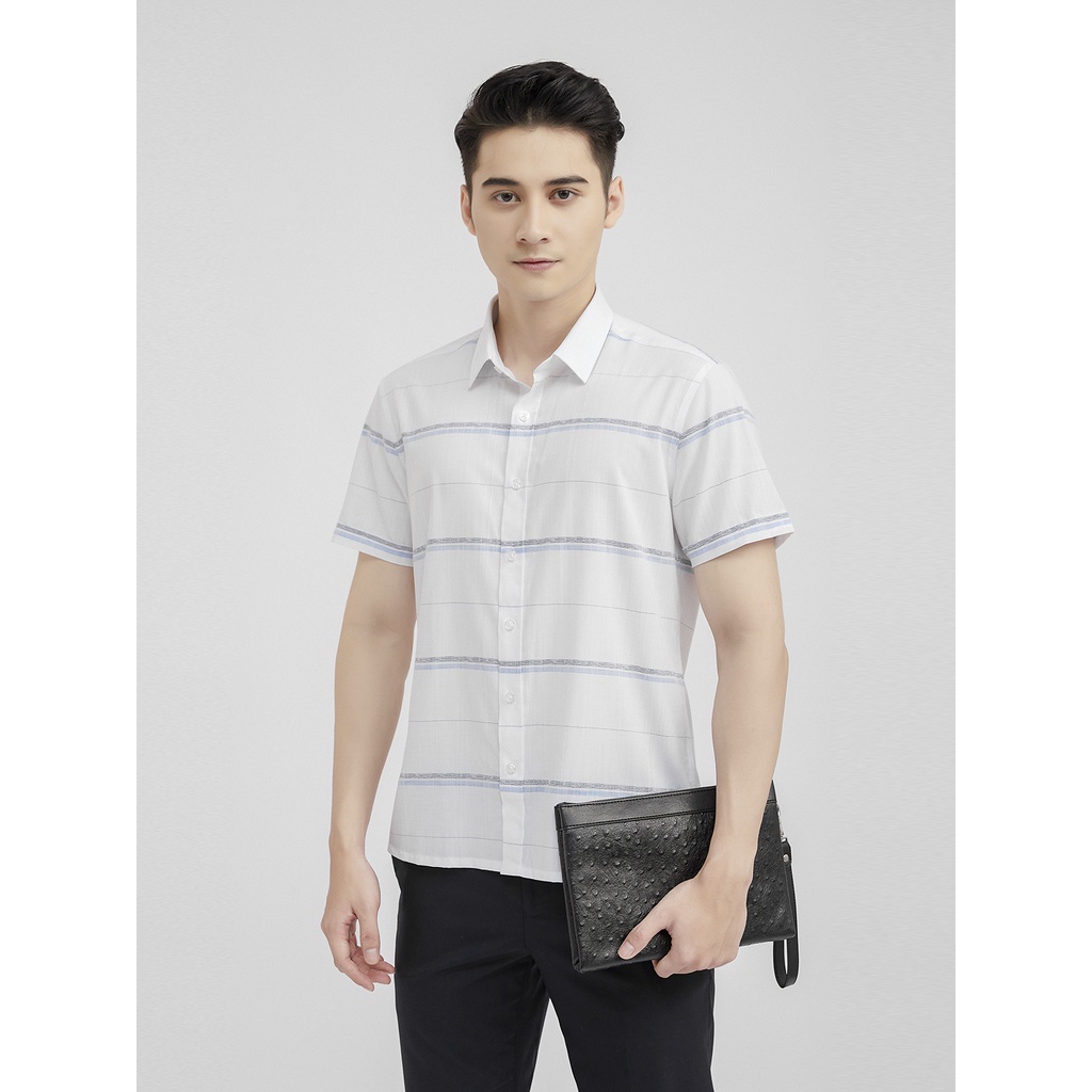 Áo Sơ Mi Nam Ngắn Tay ARISTINO ASS187S1 Somi Công Sở Cao Cấp Màu Trắng Kẻ Ngang Dáng SLim Fit Không Túi Chất Vải Sợi Tre