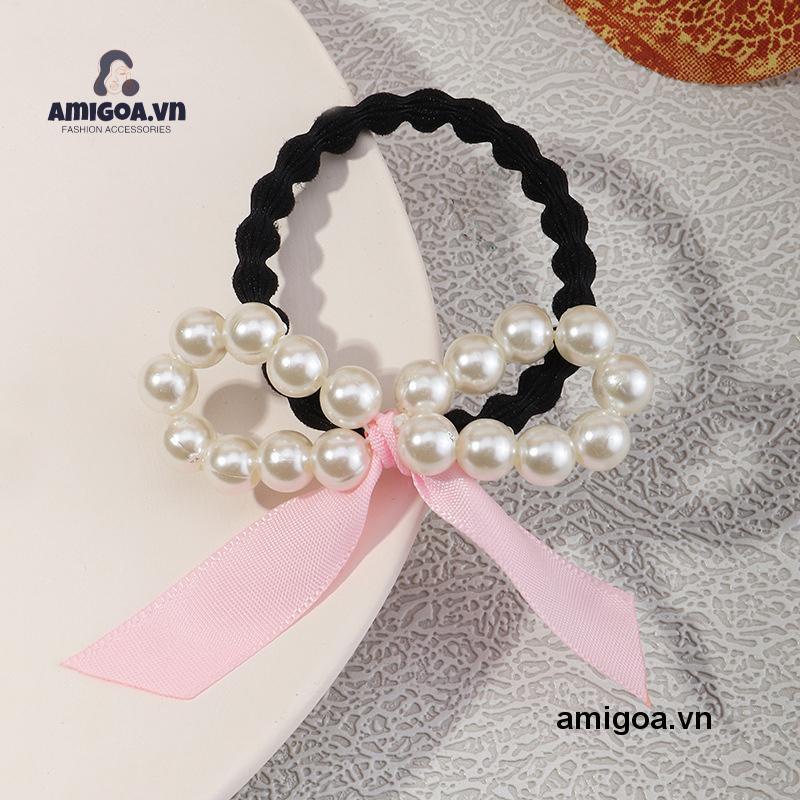 Dây Buộc Tóc Cao Su Co Giãn Thắt Nơ Đính Ngọc Trai Xinh Xắn Cho Nữ
