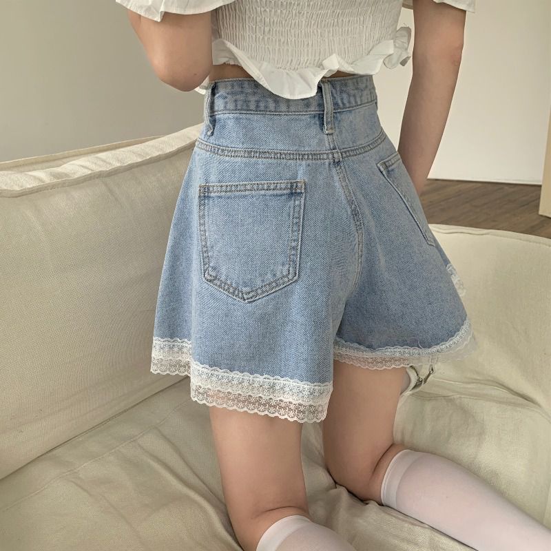 Quần Short Denim Ống Rộng Phối Ren Dễ Thương Cho Nữ  tao bao