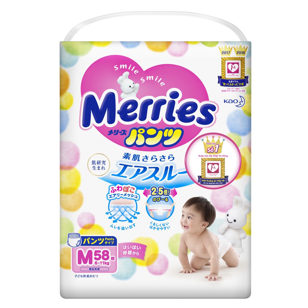 Bỉm quần Merries size M 58 miếng (6-11kg)