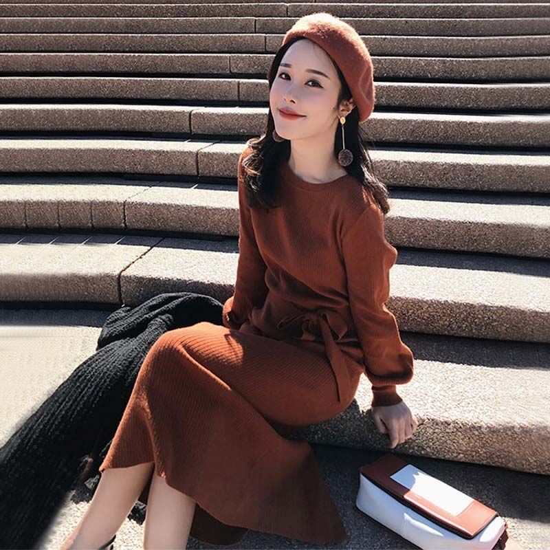 Đầm nữ đẹp💕FREESHIP💕Váy len nữ thu đông dáng suông dài buộc eo xinh xắn mẫu mới nhất