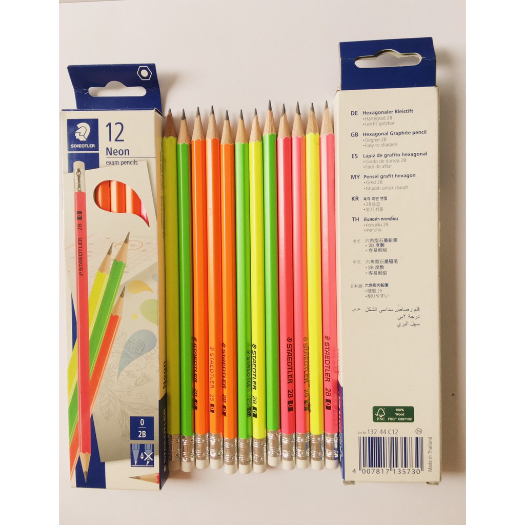 Hộp 12 chiếc bút chì Đức Staedtler 2B - Thân nhiều màu Neon có tẩy (Gồm 4 màu Vàng, Cam,Xanh,Hồng)