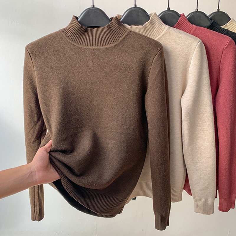 Áo Sweater Dệt Kim Cổ Lọ Lót Lông Cừu Giữ Ấm Thời Trang Cho Nữ