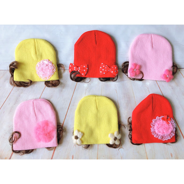 Mũ len mỏng có tóc giả siêu yêu cho bé dưới 12 tháng/ Nón len sơ sinh