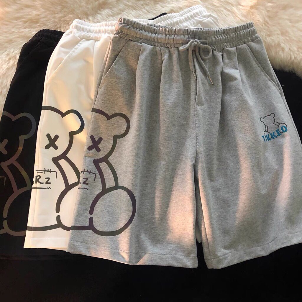 Quần đùi nam nữ unisex ống rộng chất thun poly in hình gấu, quần short nam nữ unisex kiểu dáng thể thao