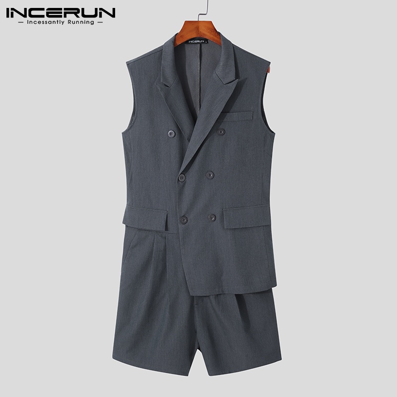 Áo liền quần ngắn INCERUN màu trơn phong cách phương Tây thời trang dành cho nam