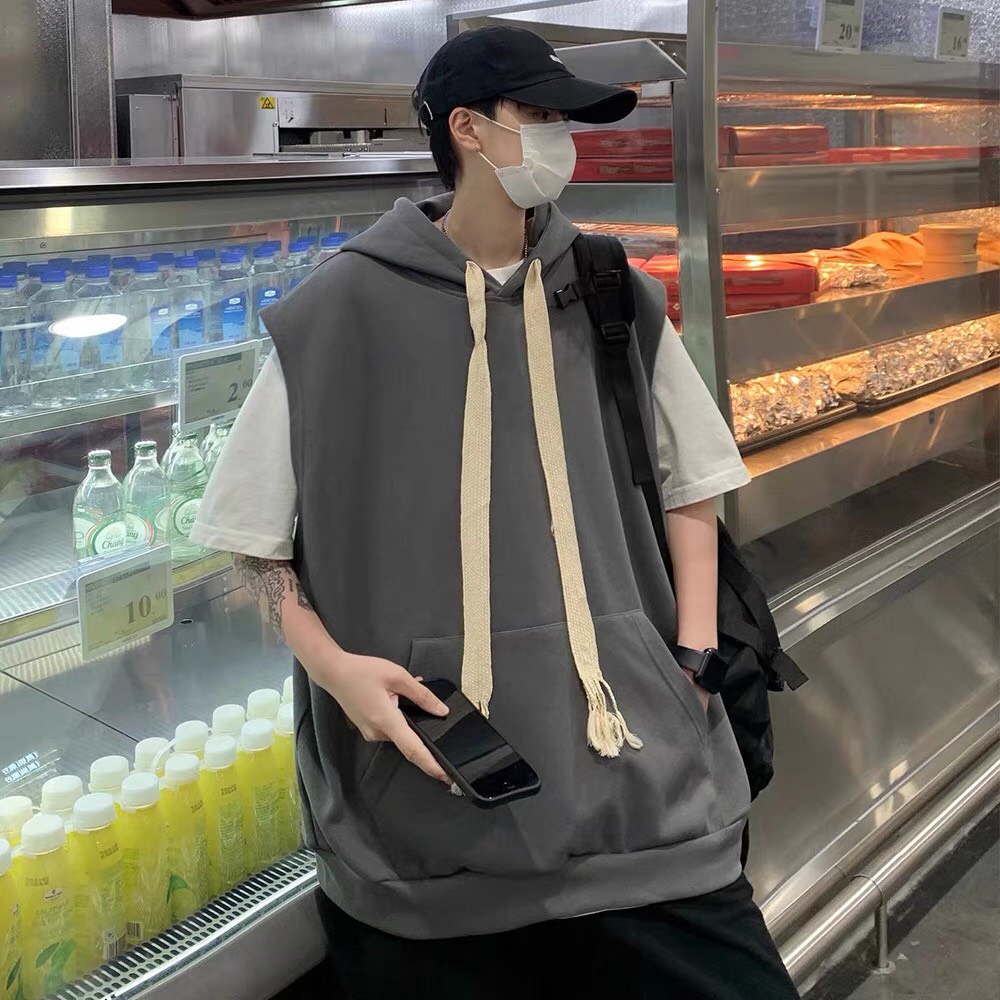 Áo Hoodie  form rộng trơn sát nách có mũ trùm đầu phối dây dài Áo HOODIE cổ tròn khồng tay nam nữ đều mặc mùa  thu đông