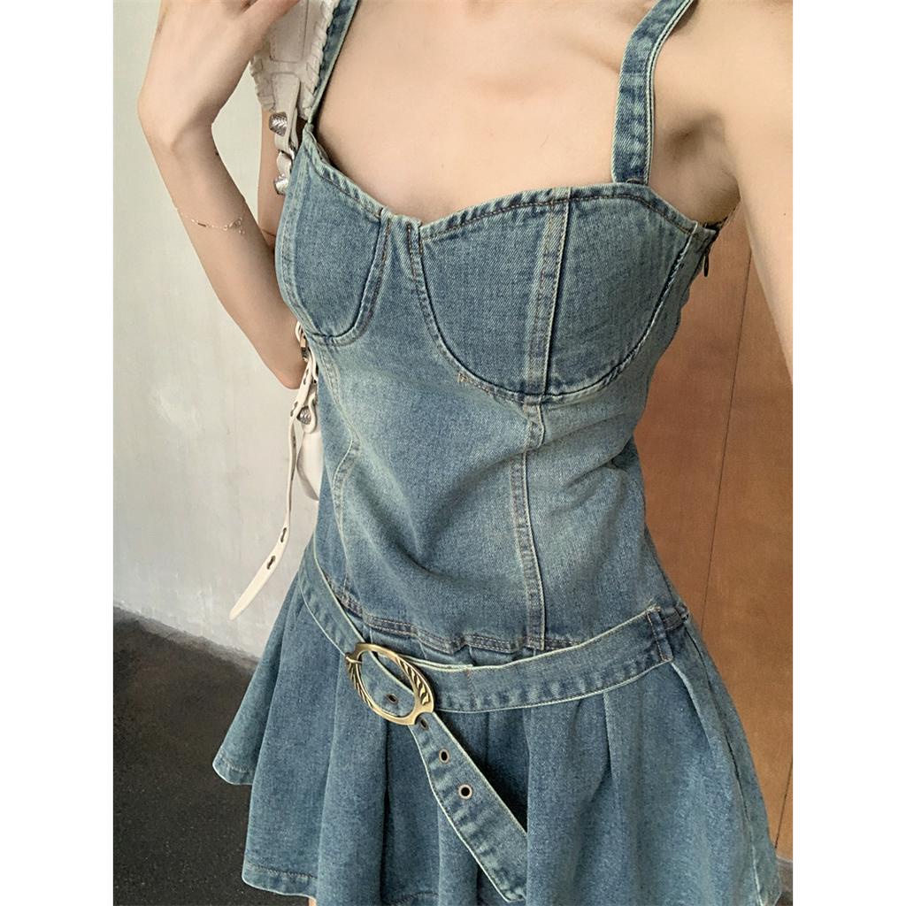 Đầm Denim Hai Dây Dáng Chữ A Ôm Dáng Phong Cách Retro Hàn Quốc Gợi Cảm Dành Cho Nữ