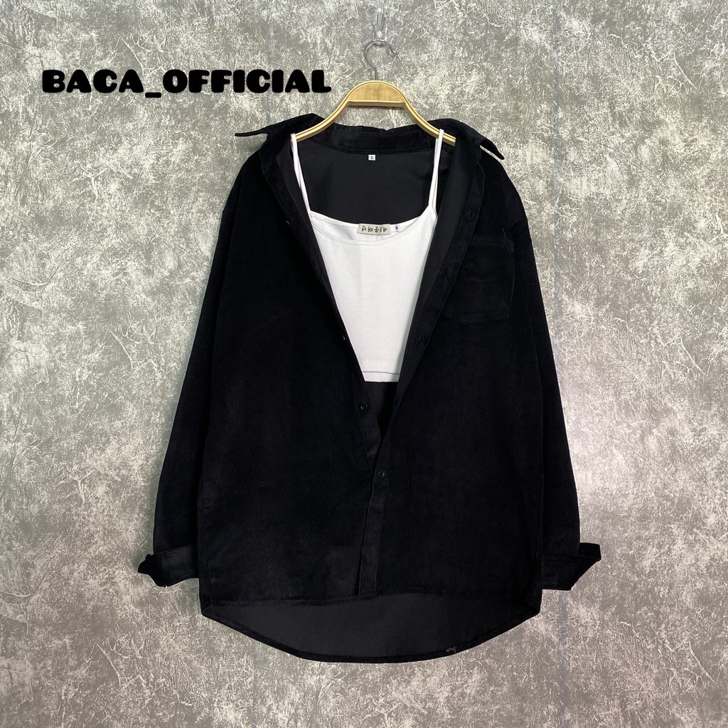 Áo Khoác Sơ Mi Unisex màu Đen chất vải Kaki Nhung co giãn BACA019