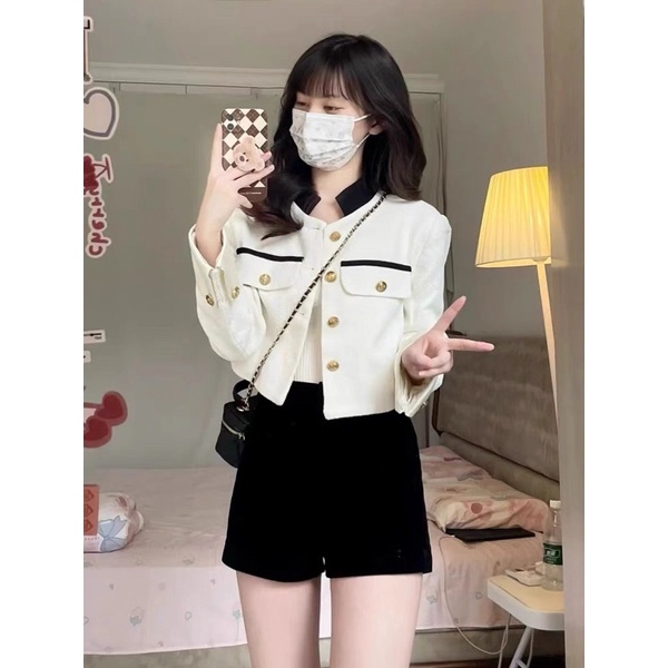 Áo Khoác dạ Nữ, Áo Dạ Nữ Trắng baasic Phối Họa tiết Cổ Và Viền Túi Phong Cách trẻ trung