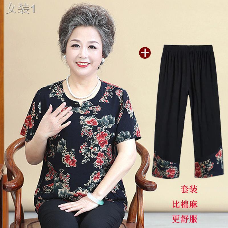 ﹉❖Bà ngoại váy hè nữ ngắn tay phù hợp với người trung niên và cao tuổi Quần tây áo phông mẹ 60-70 Bộ đồ hai mảnh