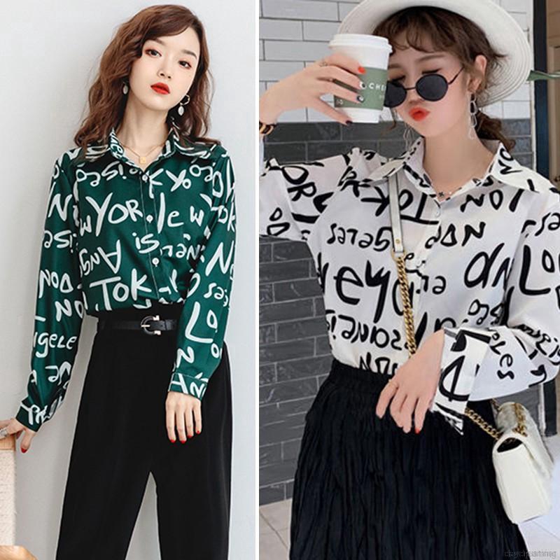 Áo sơ mi tay dài hoạ tiết chữ thiết kế thanh lịch cho phái nữ