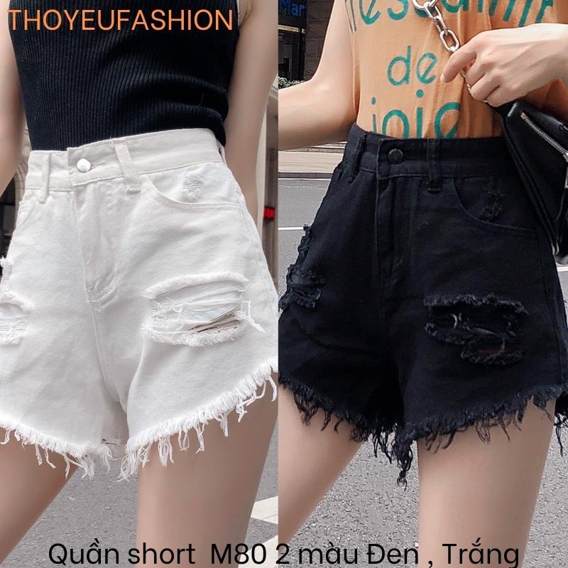 Quần Sooc Thô Trắng Đen Rách, Quần short Jean nữ cạp cao MS13826  MS80
