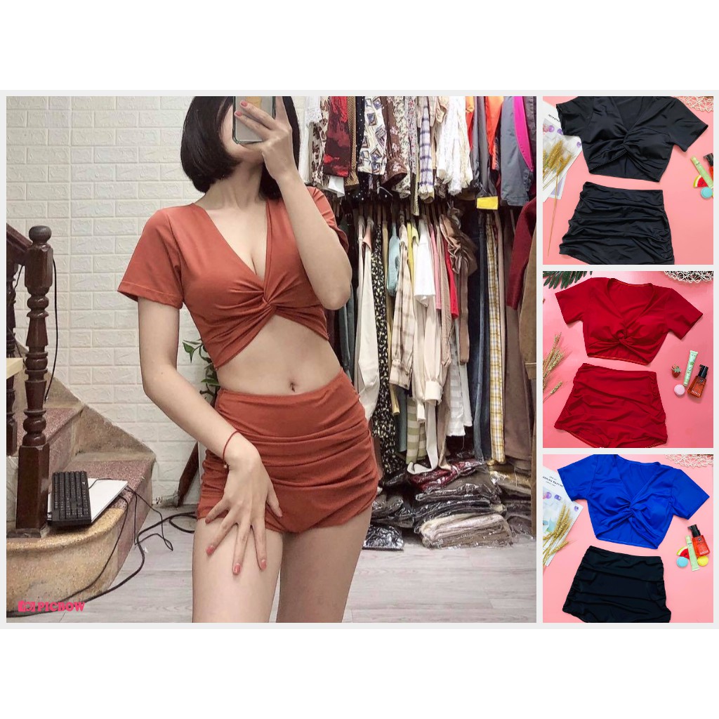 Bikini áo tắm 2 mảnh ngắn tay chun ngực quần đùi cạp cao nhiều màu