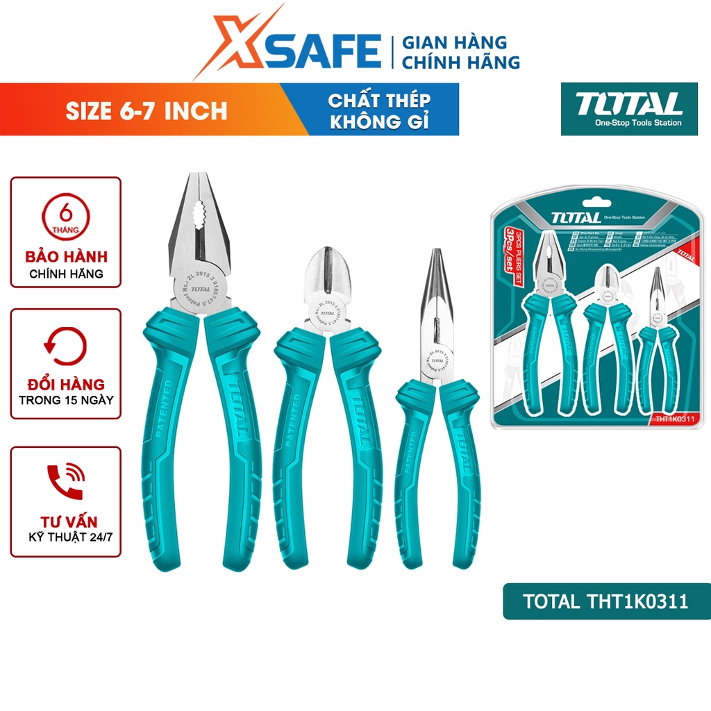 Bộ 3 kìm đa năng cách điện TOTAL THT1K0311, gồm kềm cắt, kềm răng điện, kềm mũi nhọn thép CrV siêu cứng bền cắt kẹp tuốt