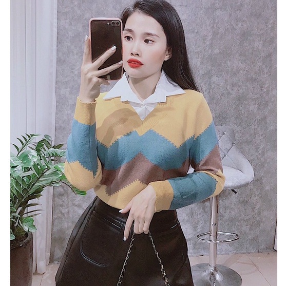 Áo len nữ cổ tim siêu đẹp phom rộng chất len dày ấm phong cách hàn quốc họa tiết thổ cẩm lạ mắt sang trọng