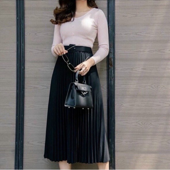 Chân váy dập ly kèm đai dáng dài mặc được 4 mùa
