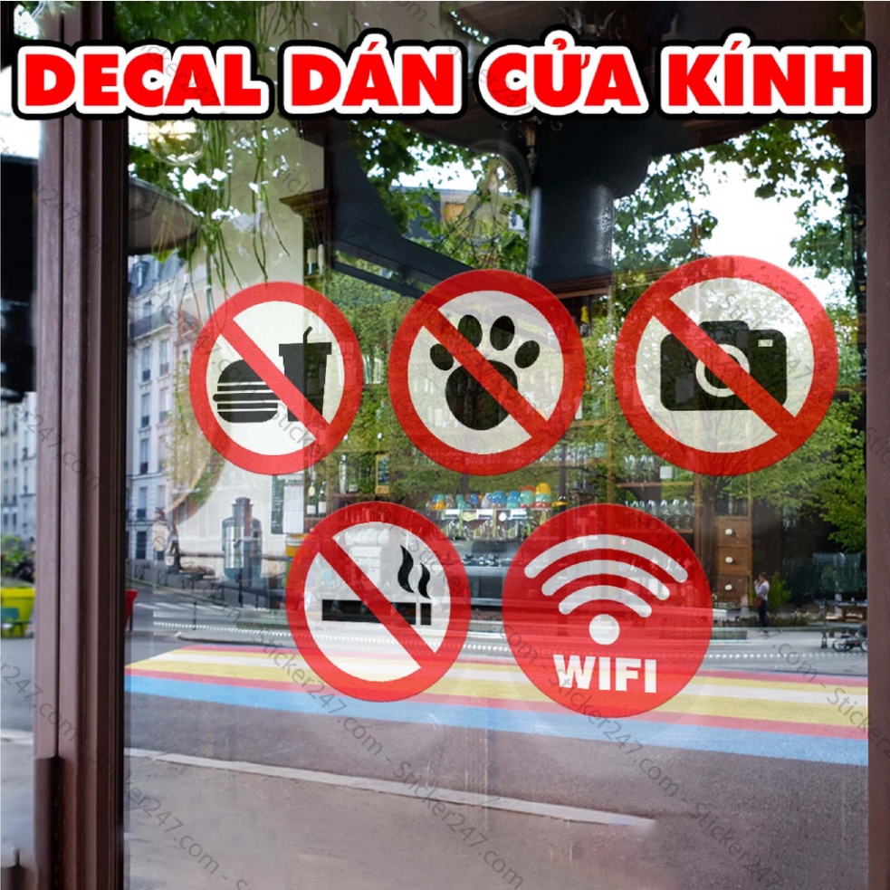 Decal Dán Biển Báo No Smoking, Free Wifi, Cấm Ăn Uống, Push Pull... Sticker biển báo kháng nước dán kính, dán gỗ