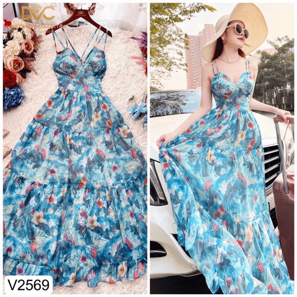[FREE SHIP] ĐẦM MAXI HAI DÂY HOA LỤA PHỐI TẦNG ĐI BIỂN CỰC XINH